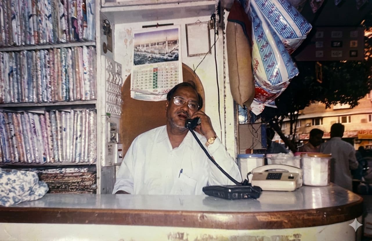Late Mr. Kamruddin Khan at the Grant Road shop, 1996
